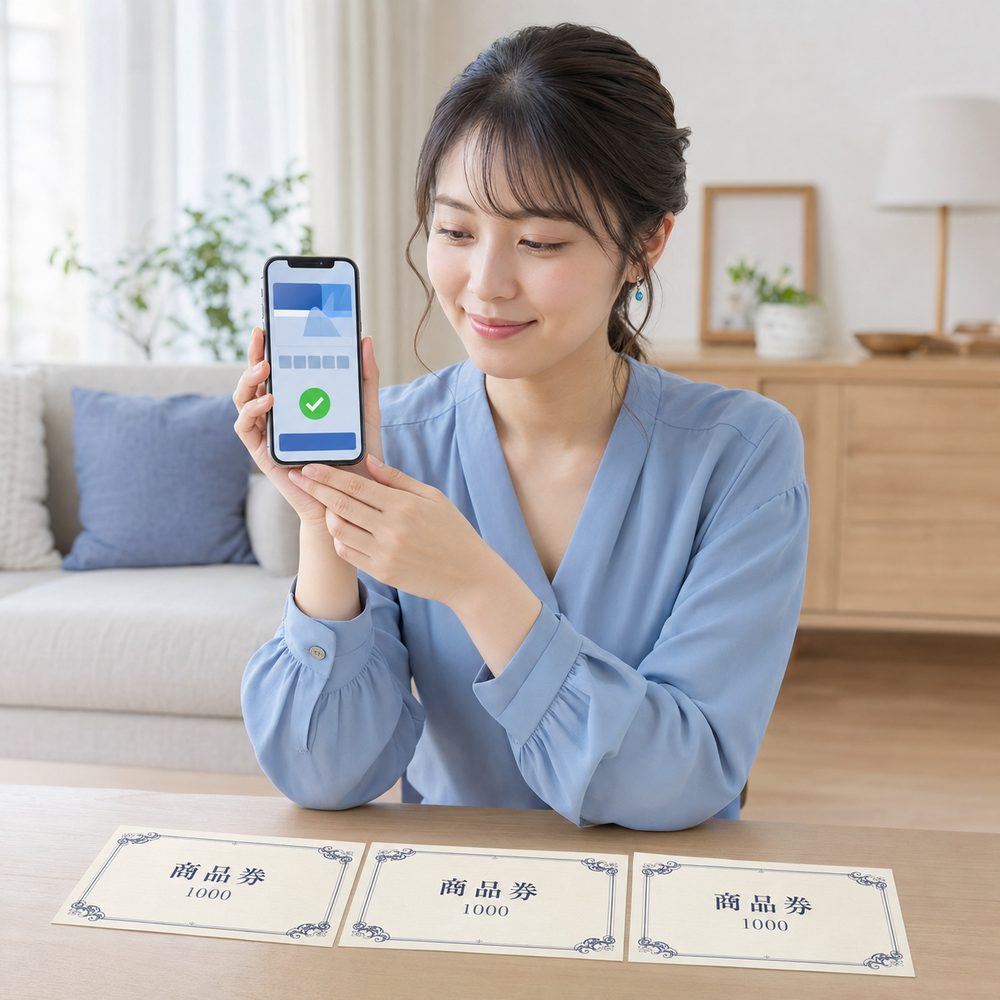 スマートフォンの完了画面と商品券・ギフトカード
